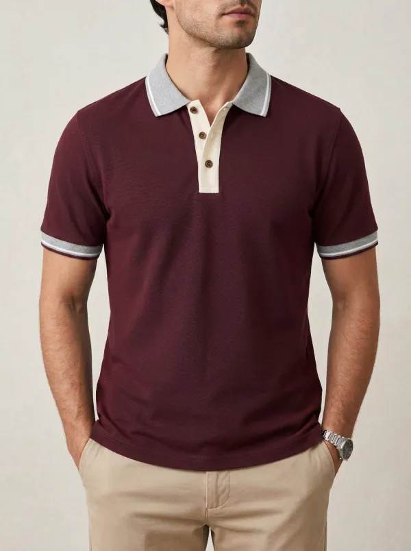 Men's Ribbed Textured Contrast-Collar Polo Shirt