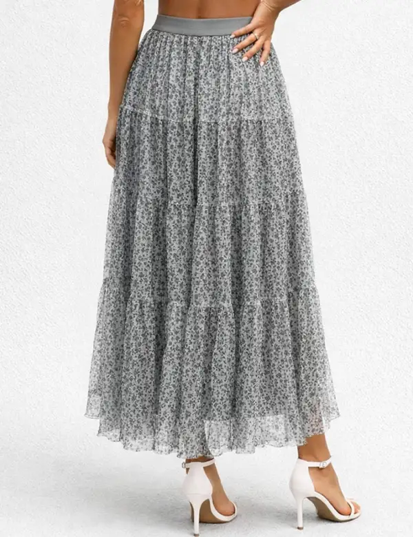 Elastic Waist Mesh Tiered Hem Maxi Skirt