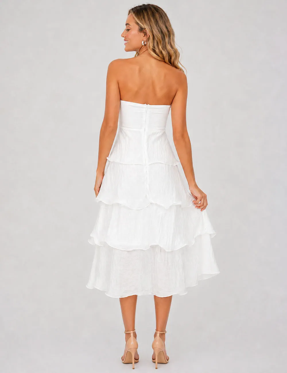 Chic Crinkle Strapless Tiered Ruffle Tube Midi Dress