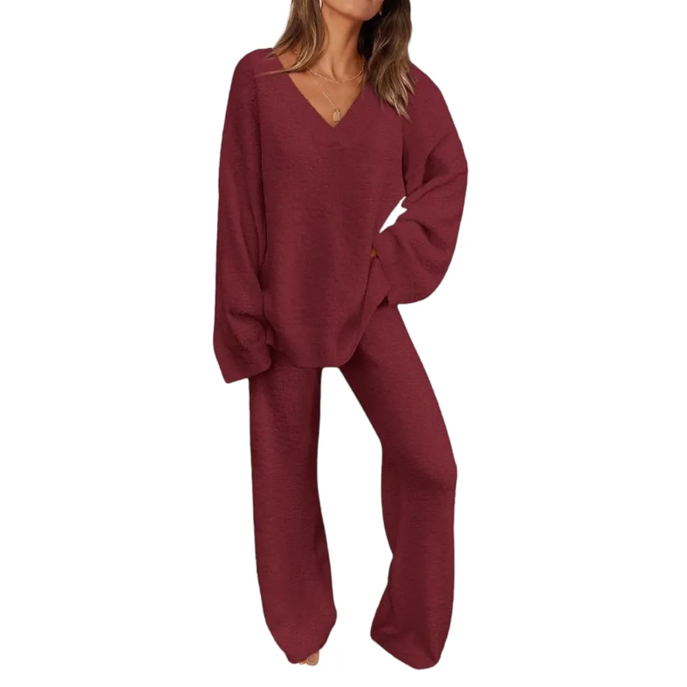 Women's 2-Piece Lounge Set Soft Chunky V Neck Tops& Wide Leg Long