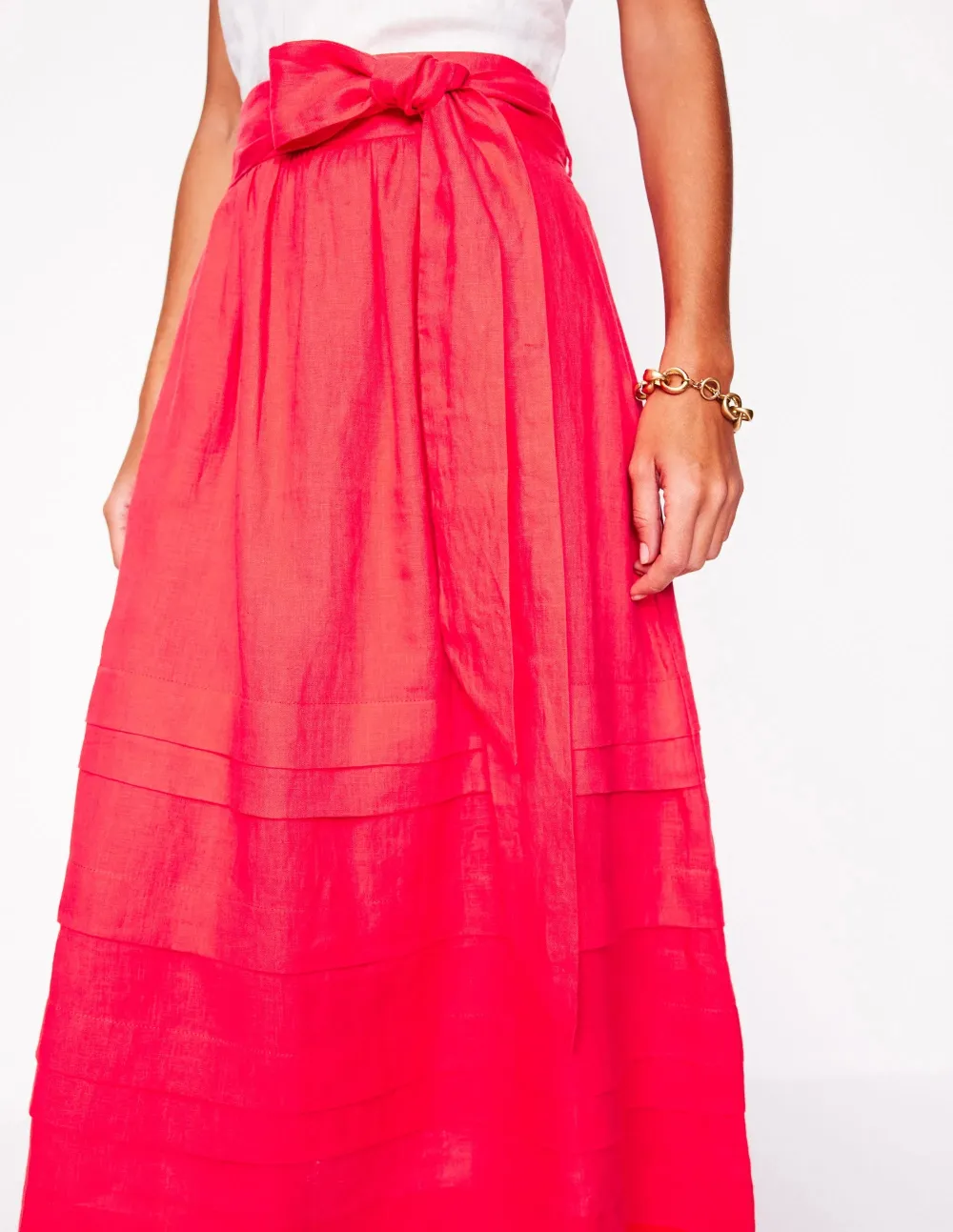 Pintuck Casual Linen Midi Skirt