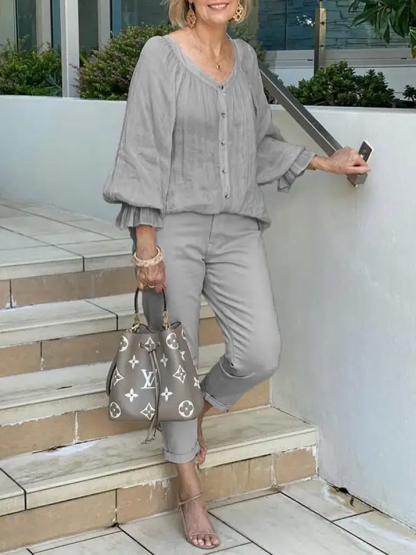 Special Collar Ruffled Sleeves Buttoned Shirt Casual Two-piece Suits