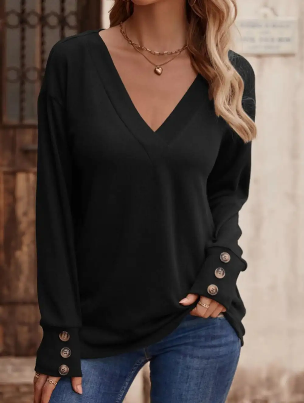 V Neck Button Loose Long Sleeve Tee