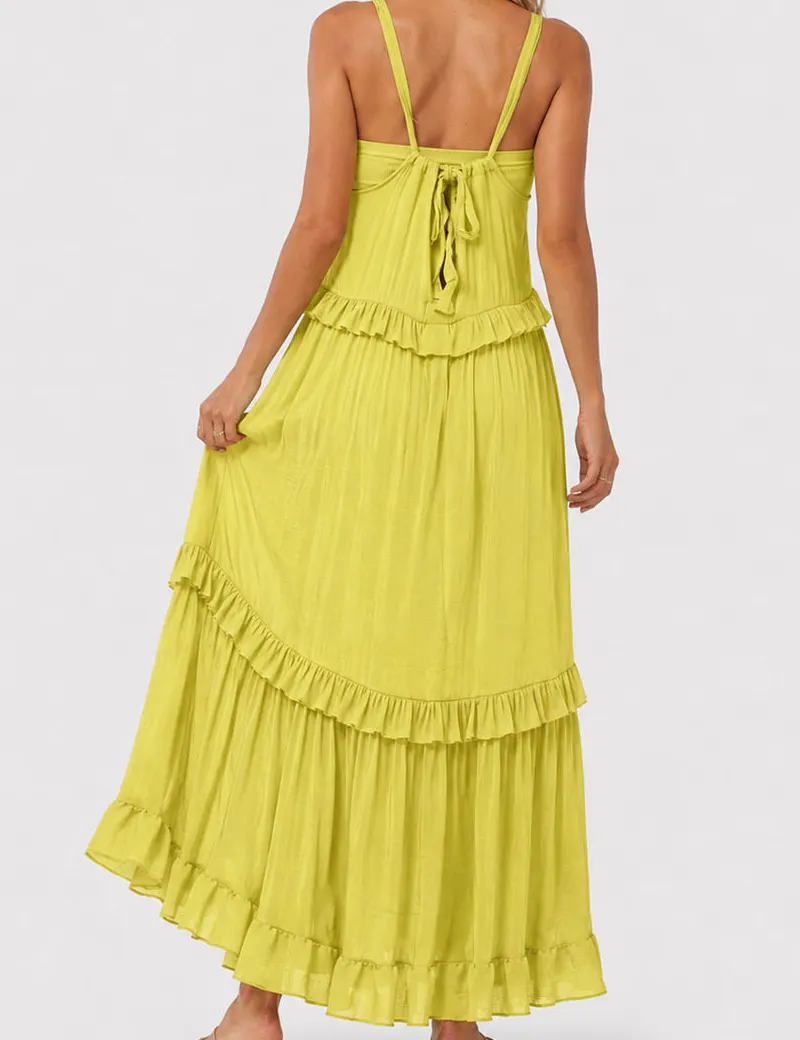 Boho Ruffle Tiered Hem Sleeveless Solid Color Maxi Dress