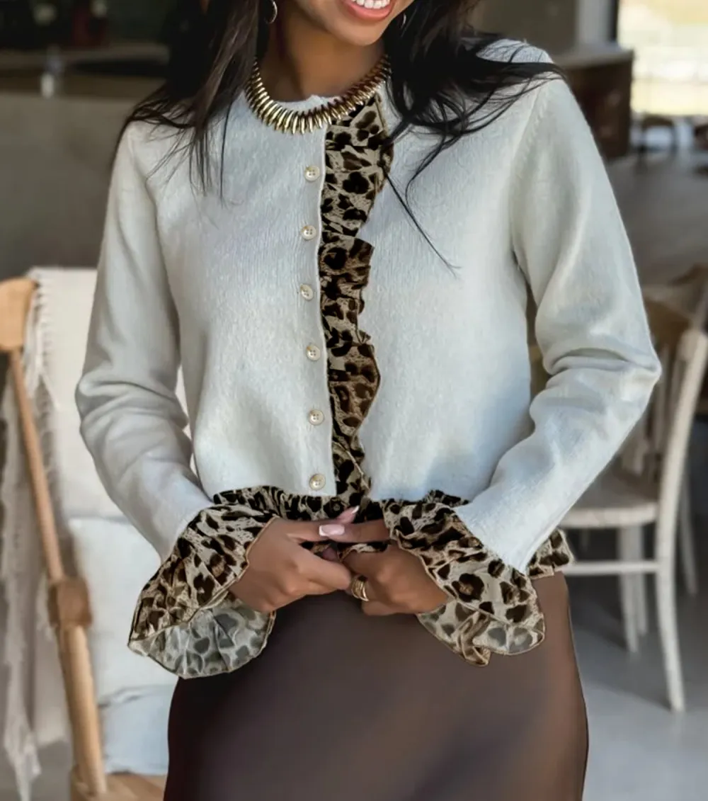 Knit Leopard Ruffle Patchwork Button Front Cropped Cardigan