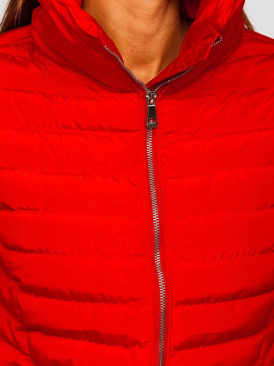women's red quilted winter jacket without hood