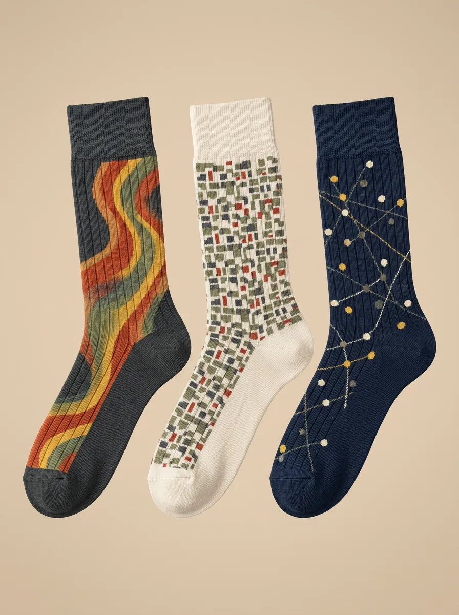 Men's Retro Geometric Abstract Print Set Pairs Featuring Unique 3-Pack Socks
