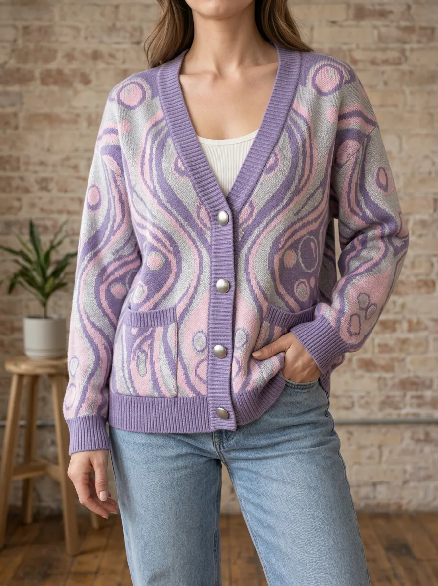 Women's Abstract Swirl Pattern Printed Hip Length Easygoing Layering Cardigan