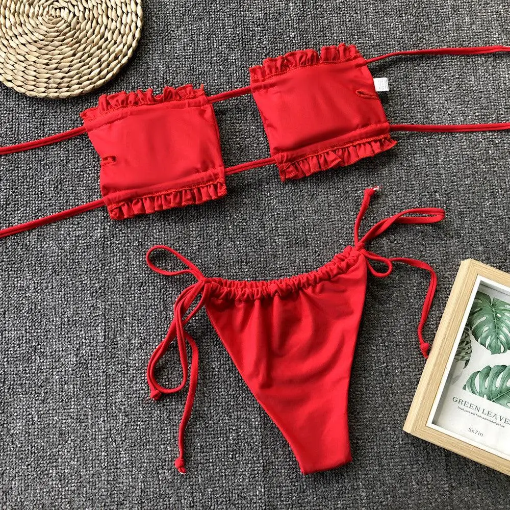 Frill Trim Ruched Bikini Swim Set