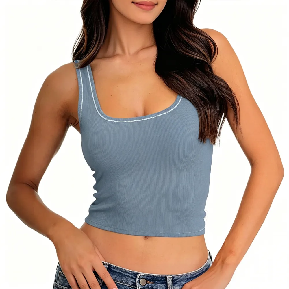 Women Rib Tank Top Padded Workout Top Square Neck Crop Tank