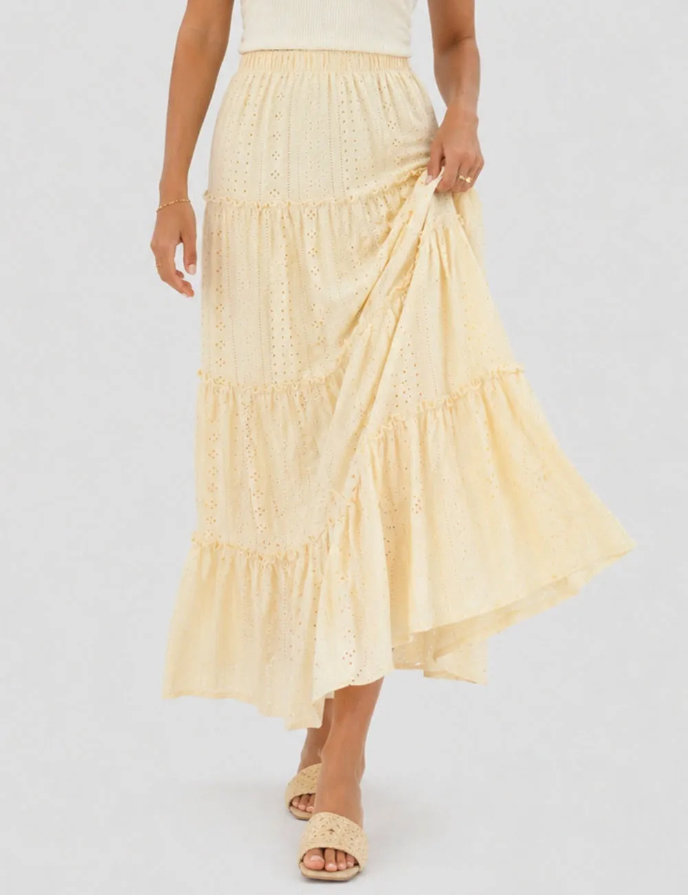 Solid Color Eyelet Tiered Ruffle Maxi Skirt