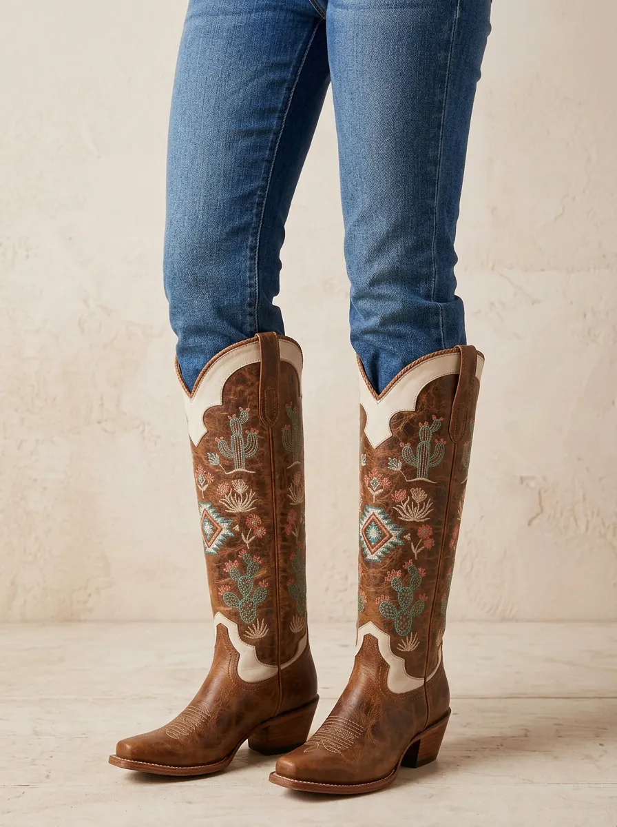 Women's Western Cactus Floral Geometric Embroidered Braided Block-Heel Denim Over-the-Knee Boots