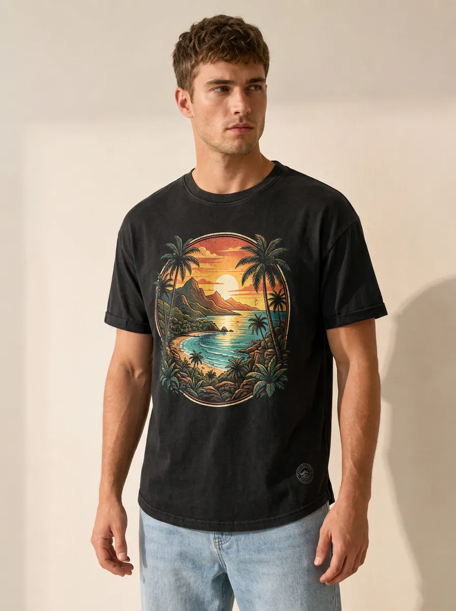 Men's Circular Graphic Sunset Graphic Crewneck T-Shirt