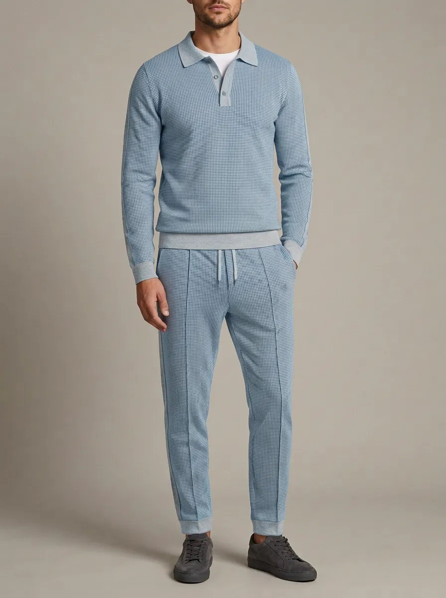 Men's Modern Houndstooth Polo Collar Jacket and Jogger Pants Set