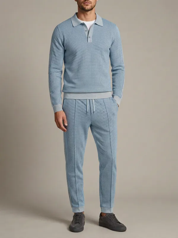 Men's Modern Houndstooth Polo Collar Jacket and Jogger Pants Set