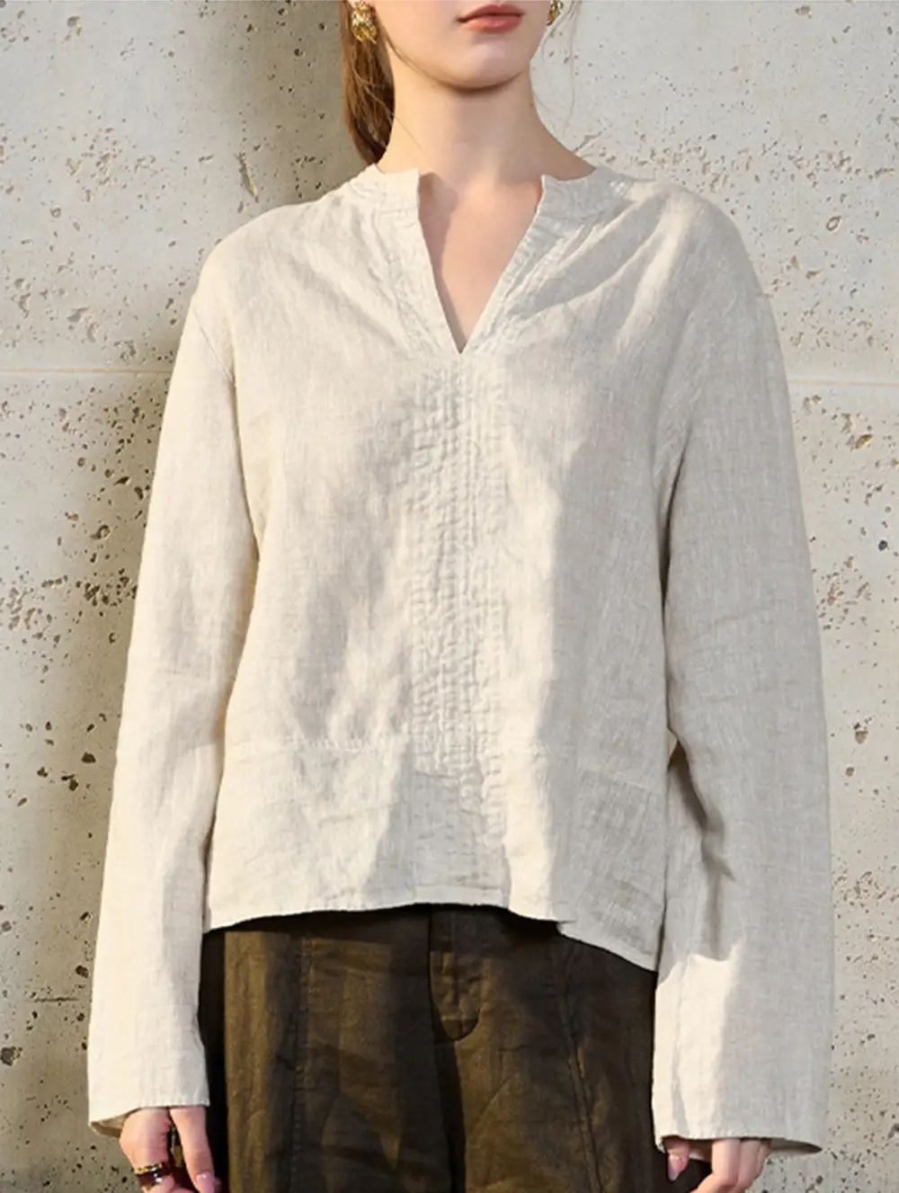 Pure Linen V Neck Long Sleeve Work Tee
