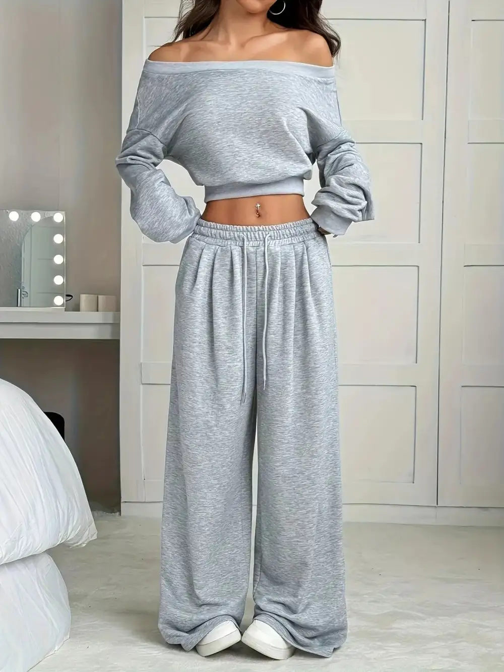 Boat Neck Crop Top & Wide Leg Pants Set