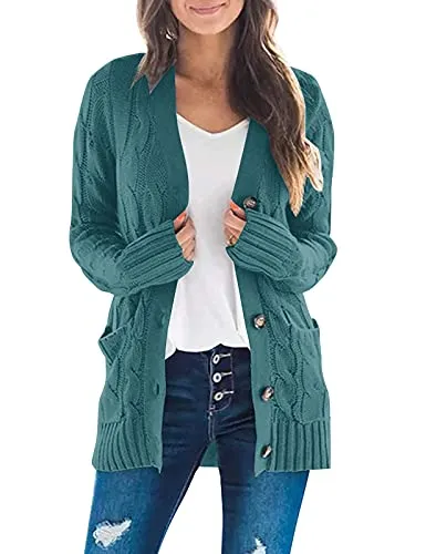 Women's Long Sleeve Cable Knit Sweater Open Front Cardigan Button Loose Outerwear