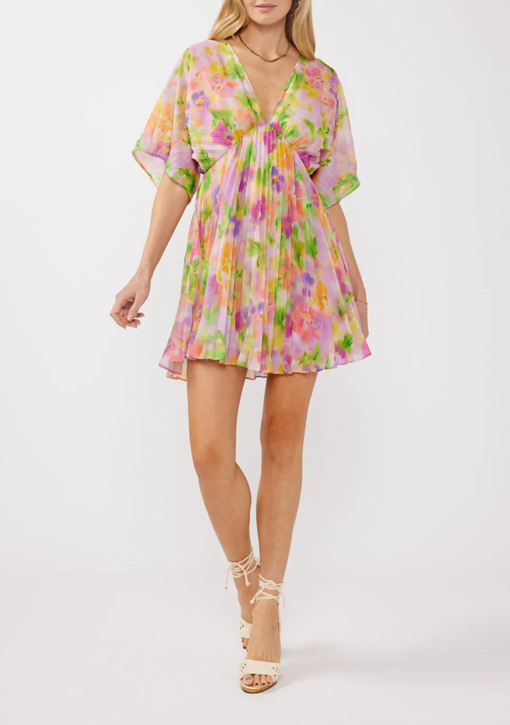 Pleated Floral V-Neck Dress