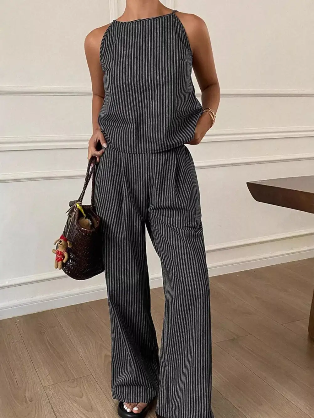 Refined Striped Sleeveless Top and Wide Leg Pants Set