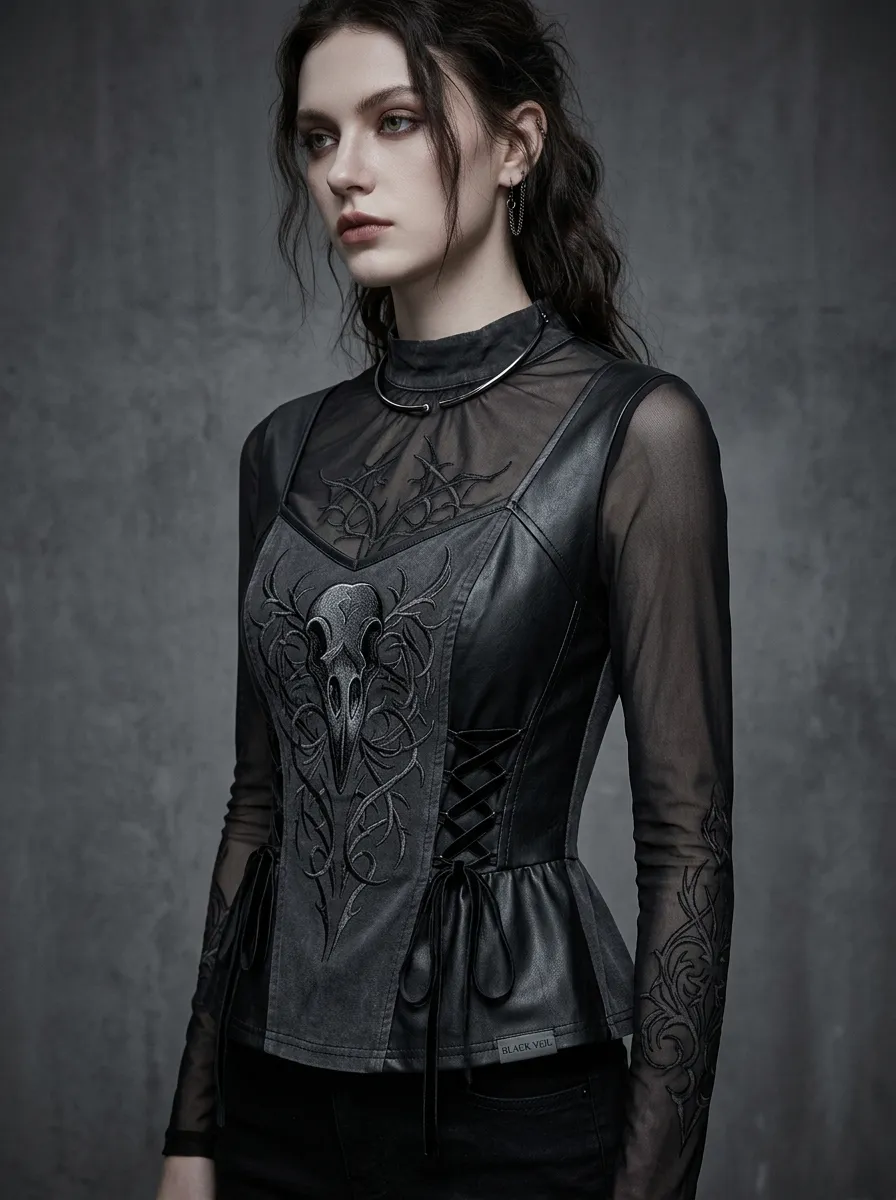 Women's Gothic Skull Vine Embroidered Mesh Printed Top