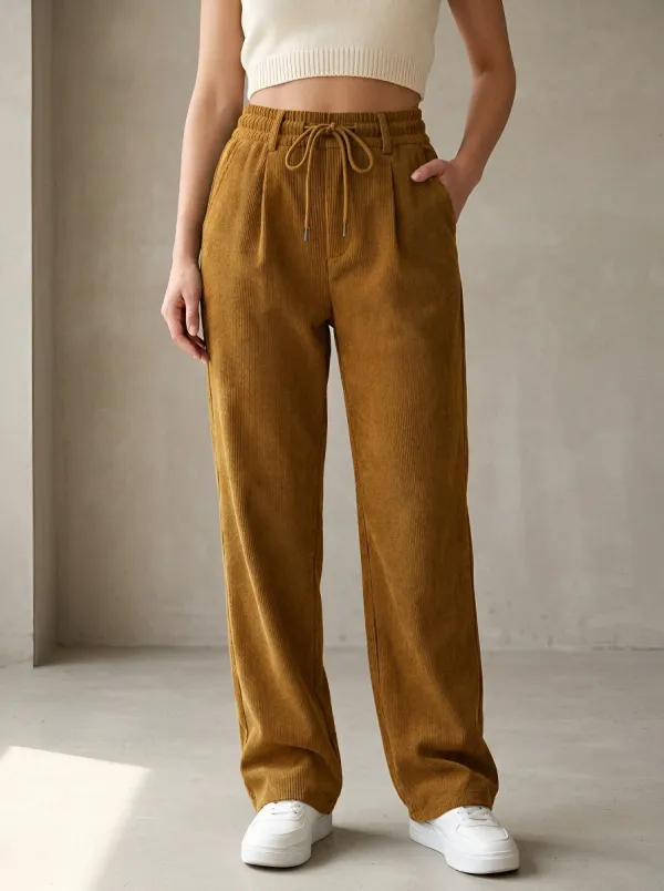 Women's Casual Corduroy Drawstring Wide-Leg Pants