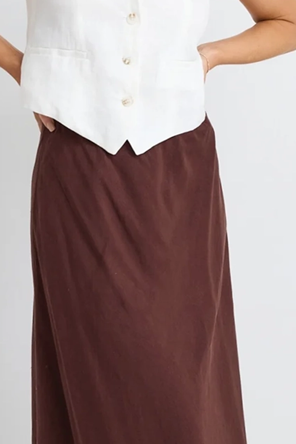 Brown Solid Color Midi Skirt