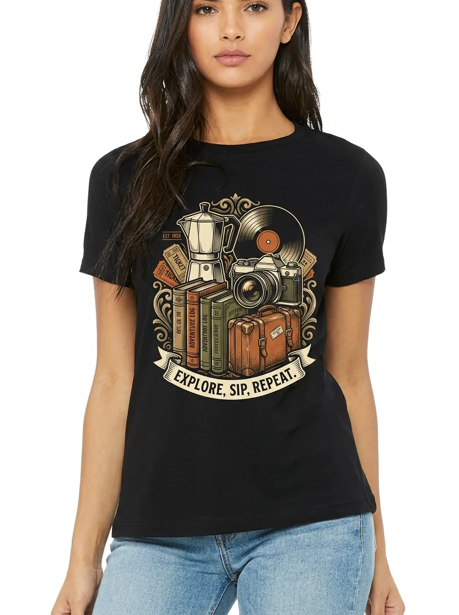 Women's Travel Coffee Book Camera Graphic Crewneck T-Shirt