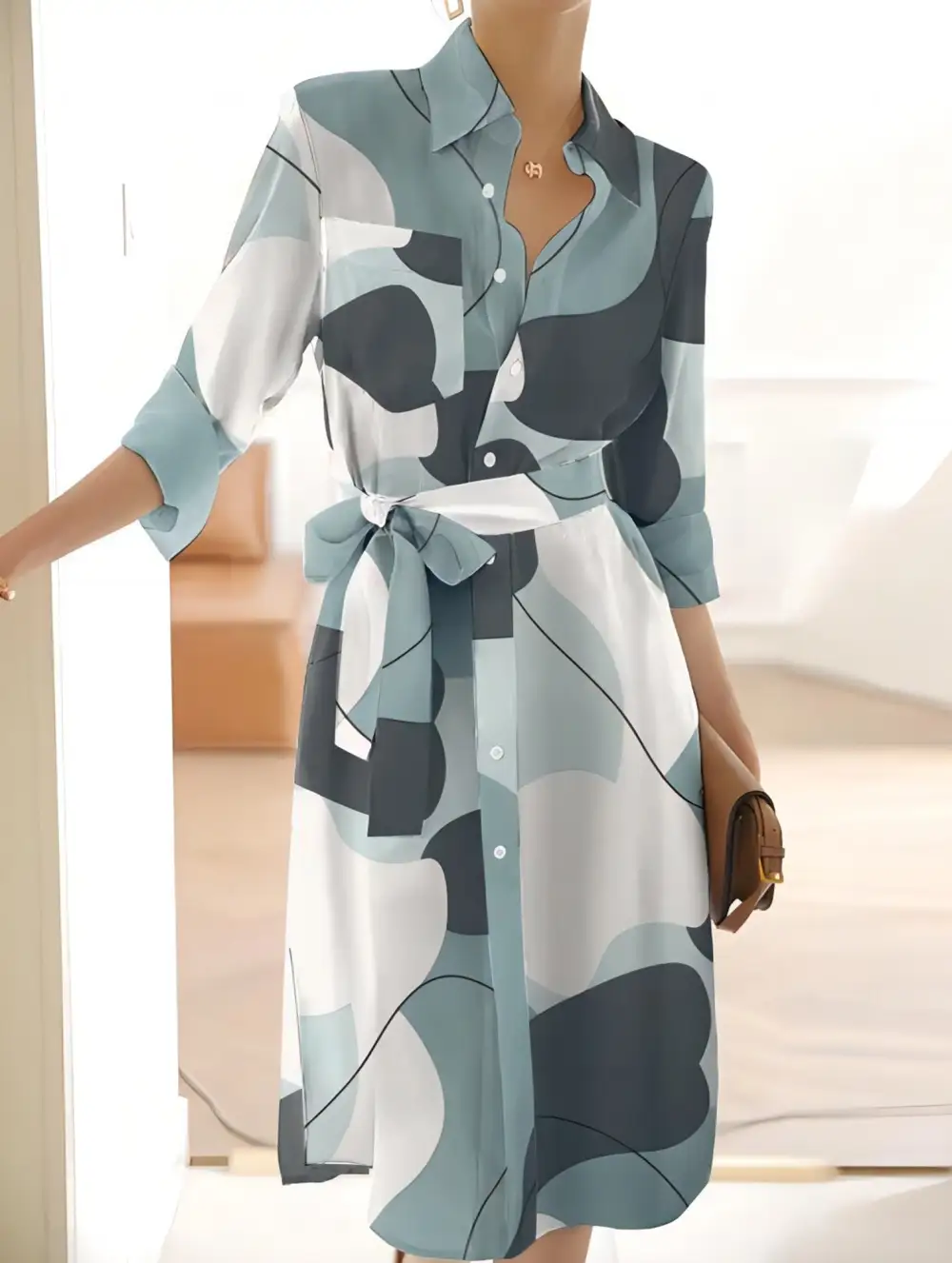 Geometric Print Split Hem Button Dress