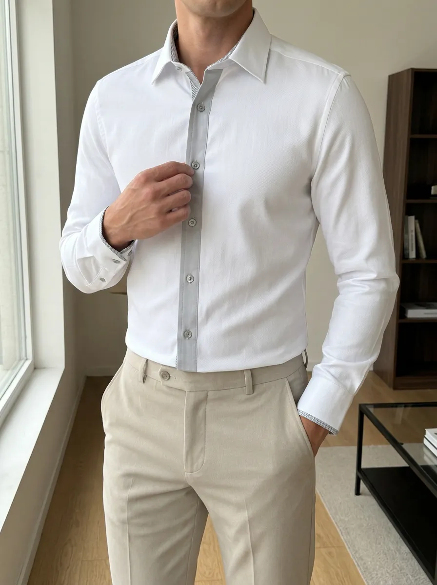 Men's Business Casual Contrast Placket Printed Slim Fit Shirt