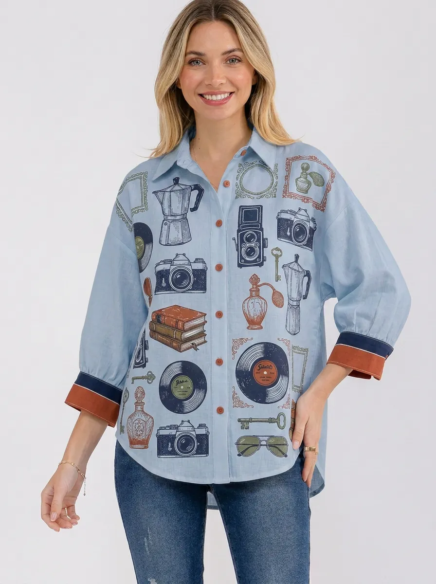 Women's Vintage Hobby Camera Vinyl Book Printed Button-up Shirt
