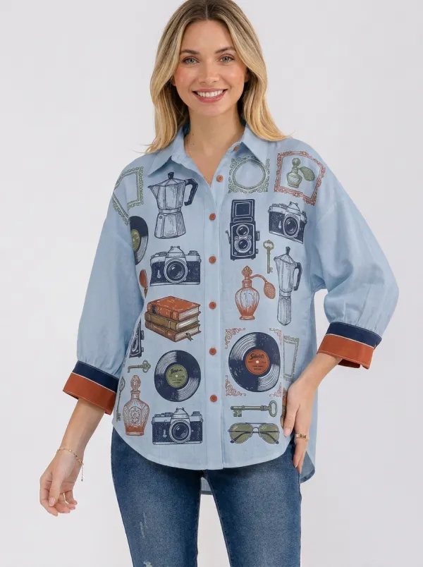 Women's Vintage Hobby Camera Vinyl Book Printed Button-up Shirt