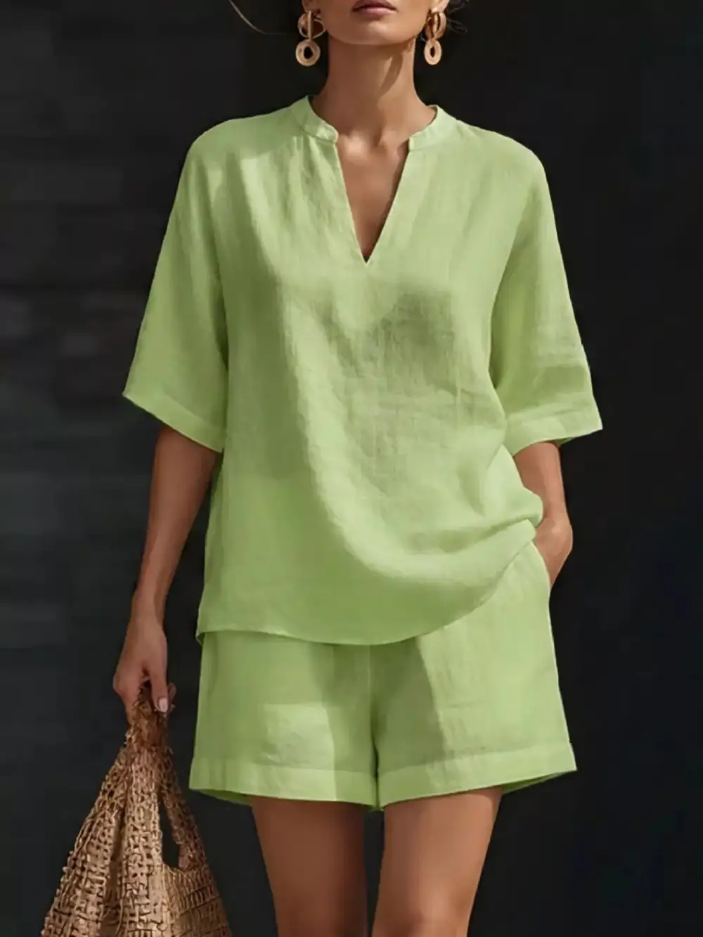 Notched Half Sleeve Top and Shorts Set