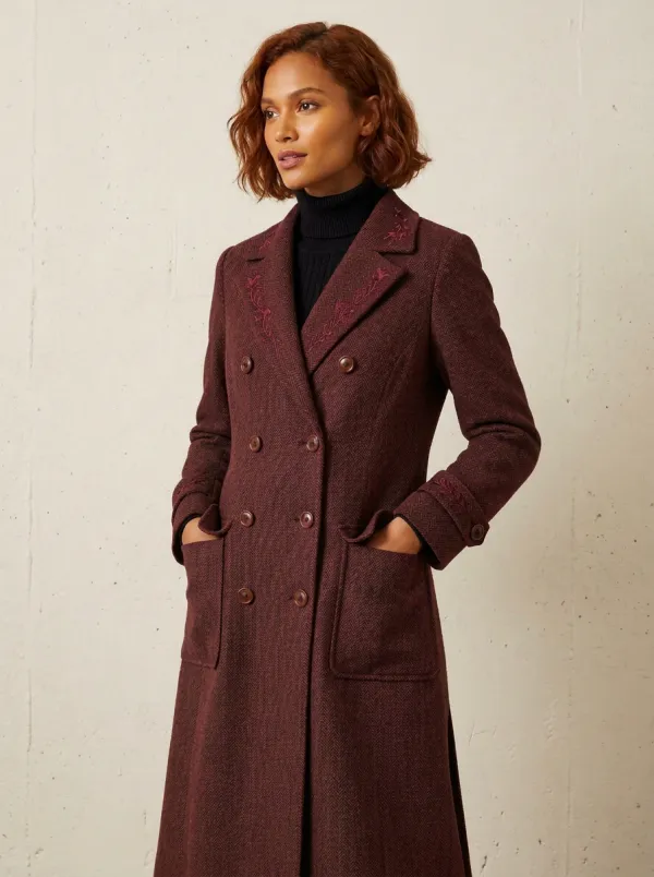 Women's Vintage Style Olive Herringbone Embroidered Double-Breasted Coat