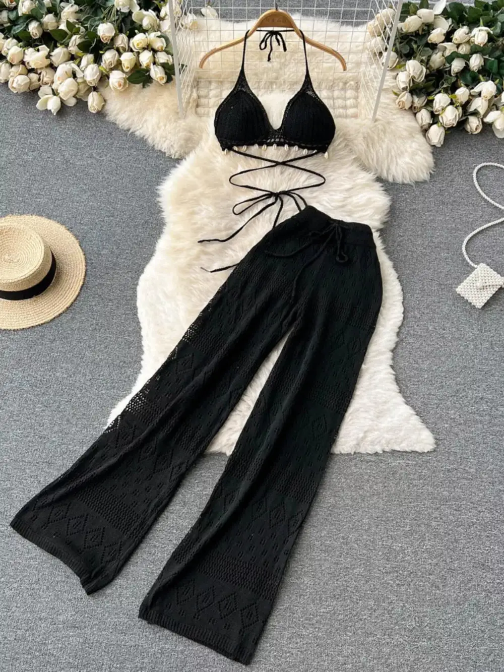 Crochet Knit Halter Neck Top and Wide Leg Pants