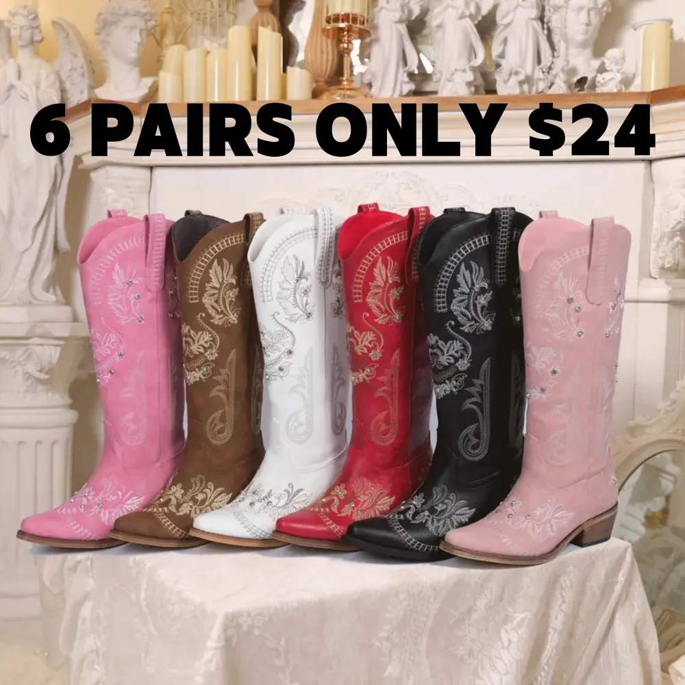 Women's Sparkly Rhinestone Cowboy Boots with Embroidery & Pointed Toe