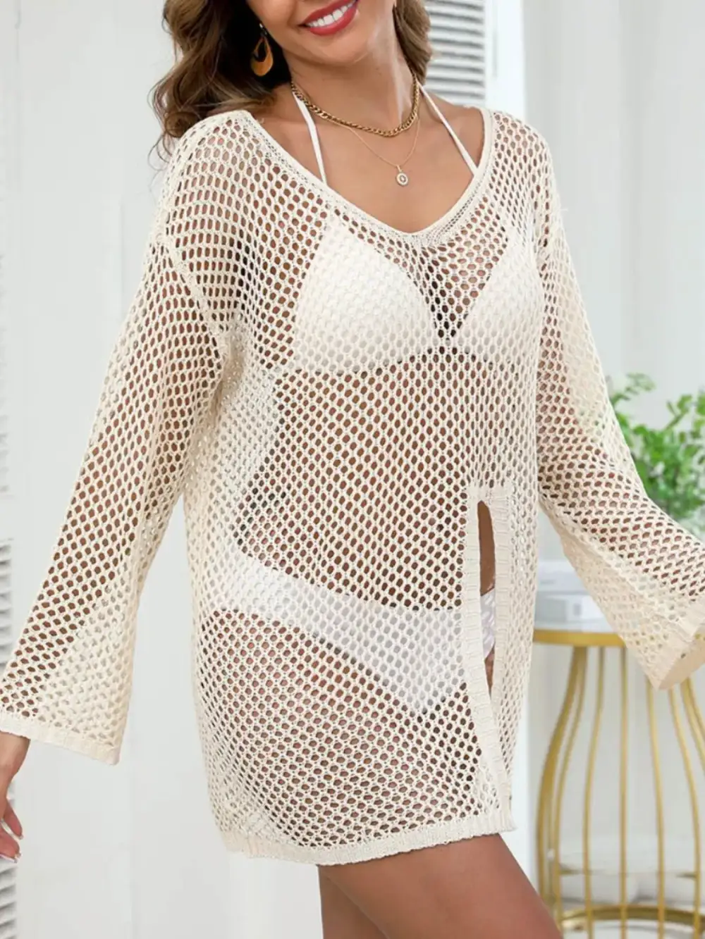 Openwork V Neck Slit Swim Cover Up