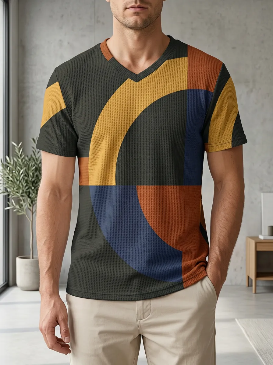Men's Layered Geometric Abstract Circle V-Neck T-Shirt
