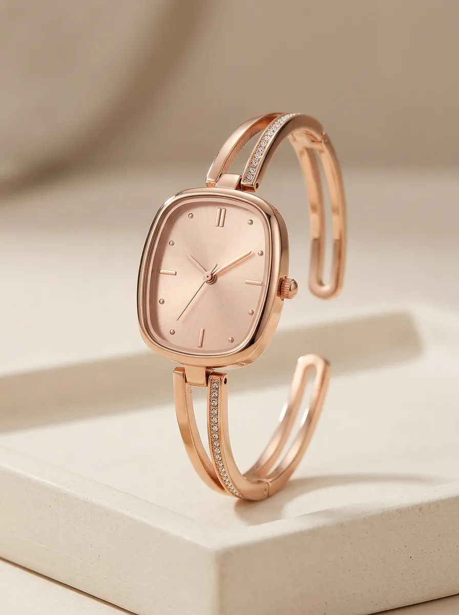 Rose Gold Bangle Watch With Crystal Accents