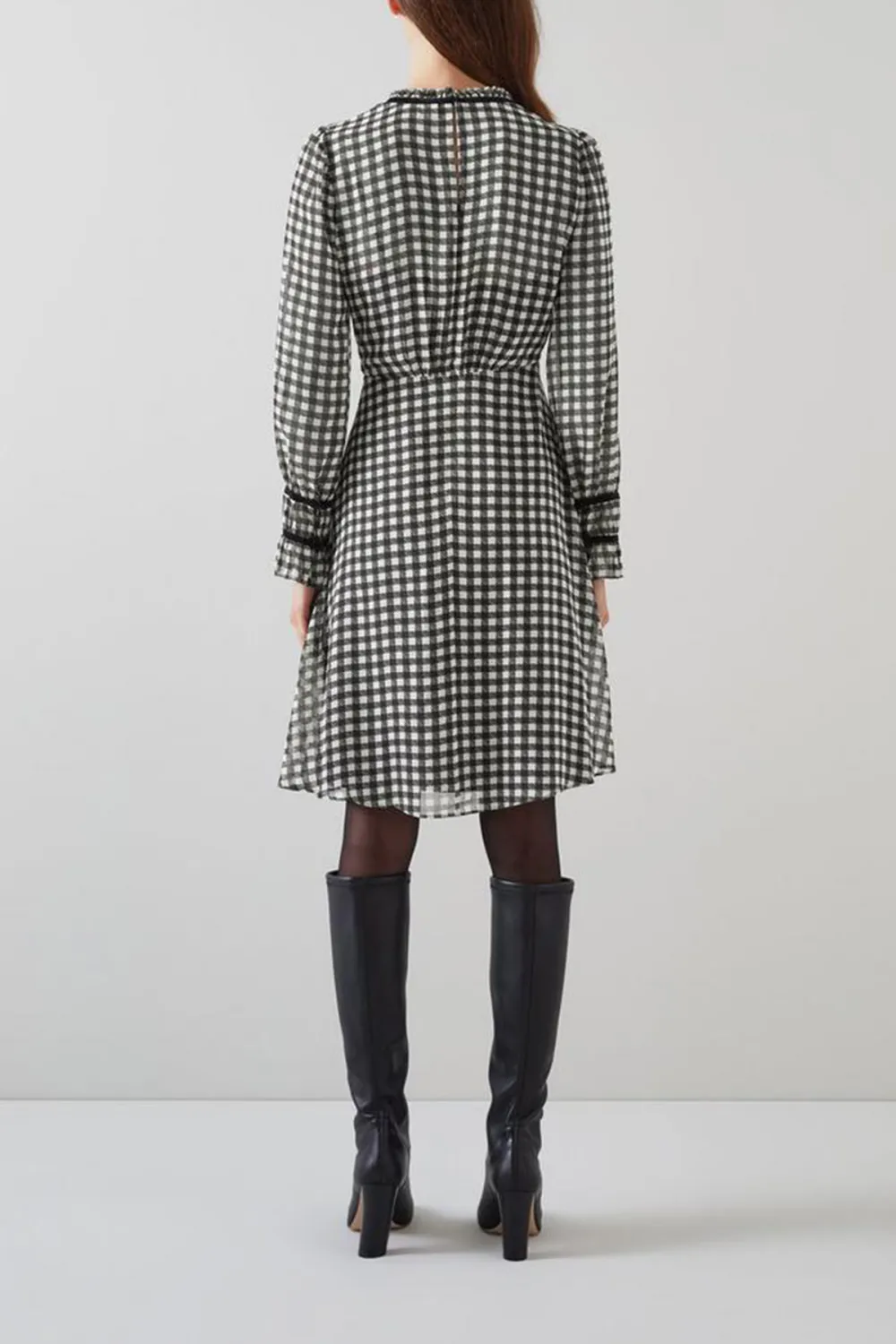 Black Cream Checkered Long Sleeve Midi Dress
