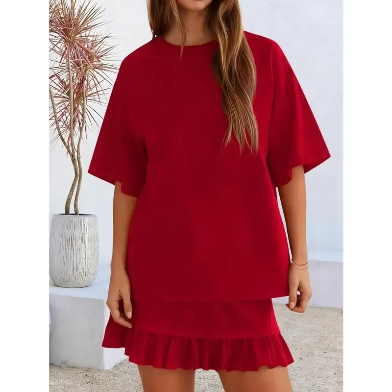 Women's Oversized Ruffle Hem Short Sleeve Set