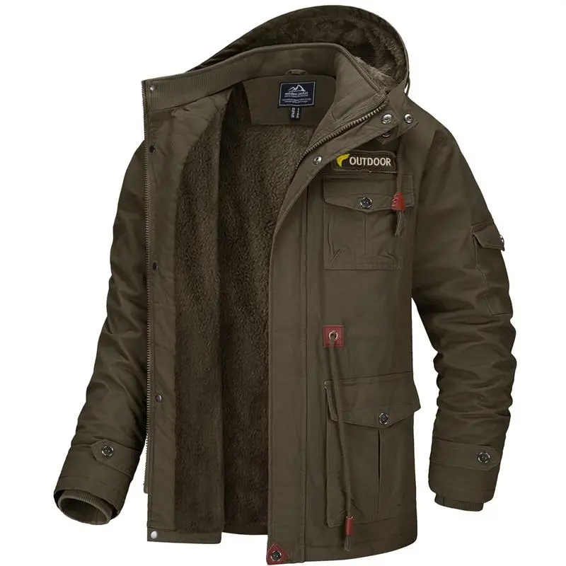 Men's Winter Coat Jacket Fleece Lined Parka Cotton Cargo Jacket Menswear Tops Long Sleeve Warm Thermal Hoodie