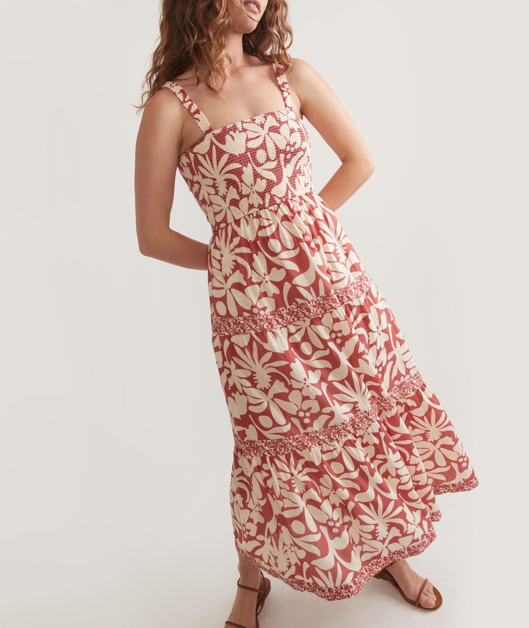 Auburn Leaf Print Tiered Maxi Dress