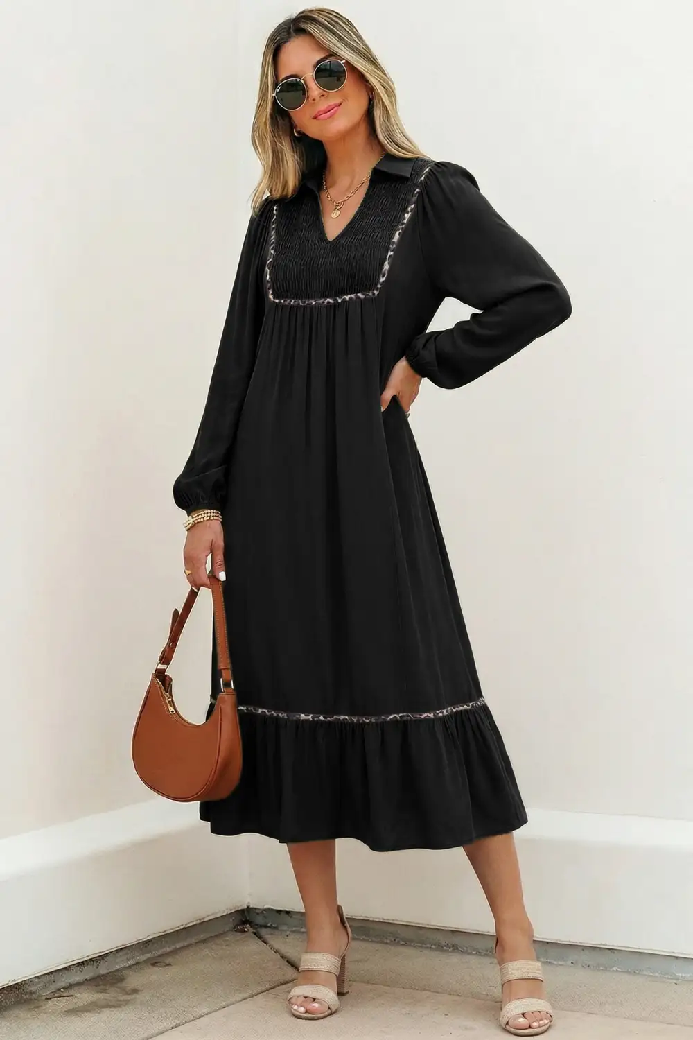 Animal Print V Neck Smocked Dress Casual