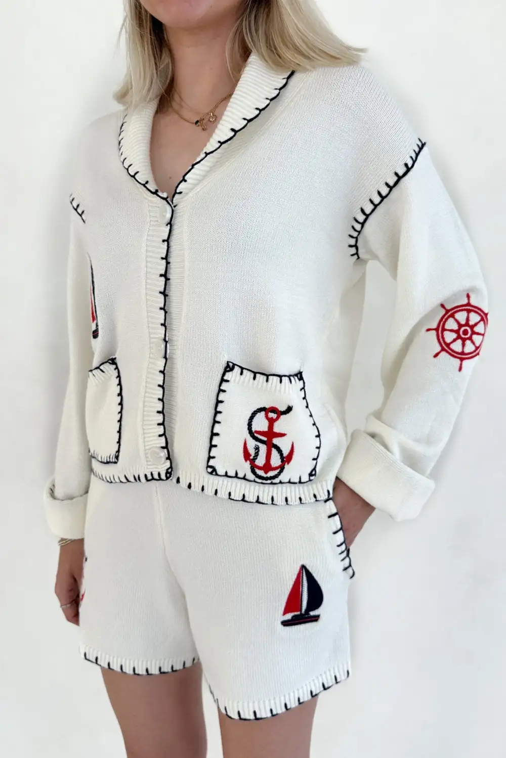 Easy Pull On Knit Embroidered Cardigan