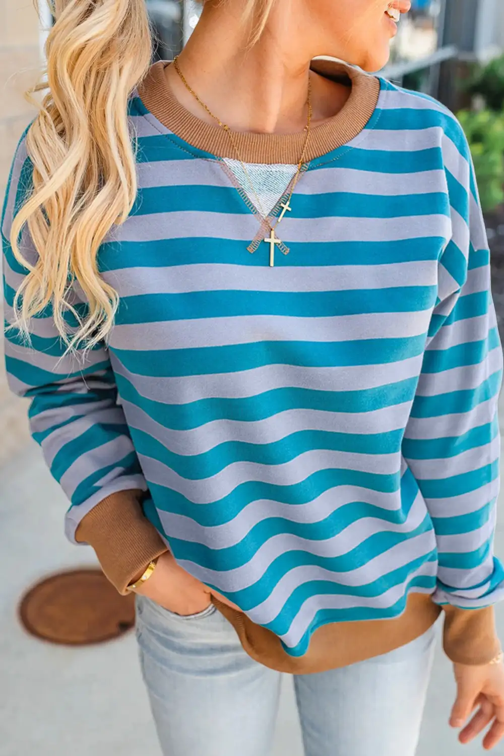 Striped Ribbed Drop Shoulder Crewneck Sweatshirt