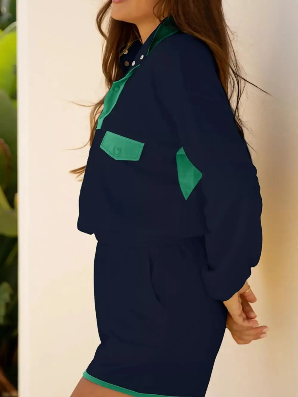 Color Block Patchwork Half Button Pullover and Shorts Pcs Outfit