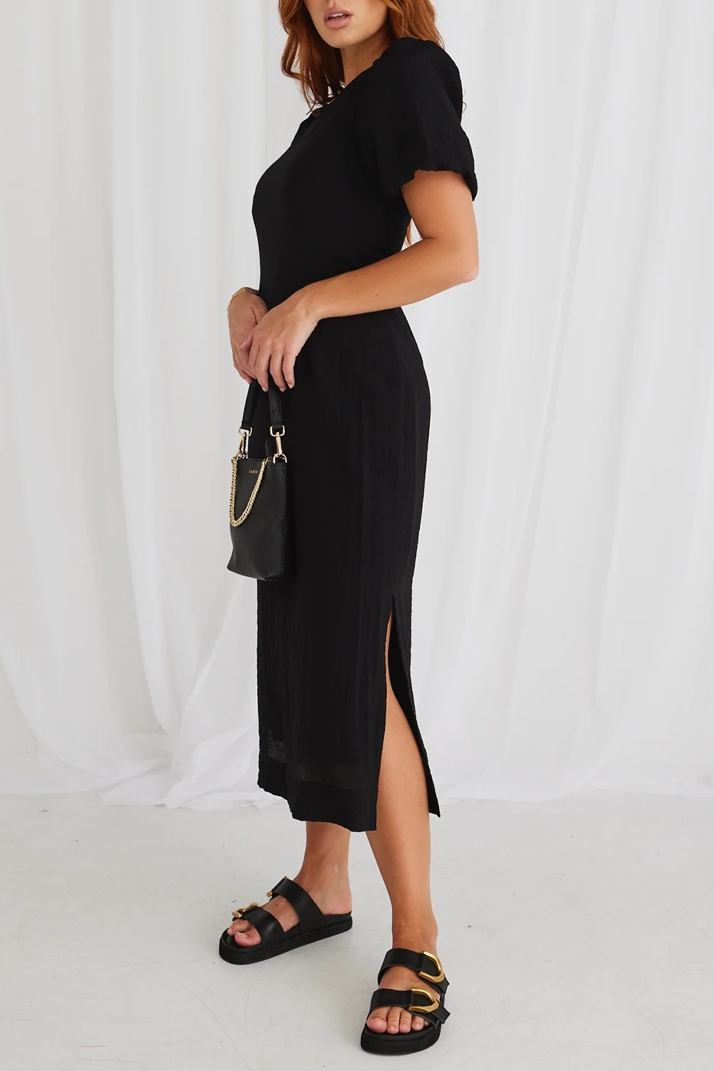 Black Puff - Sleeve Tie - Waist Maxi Dress