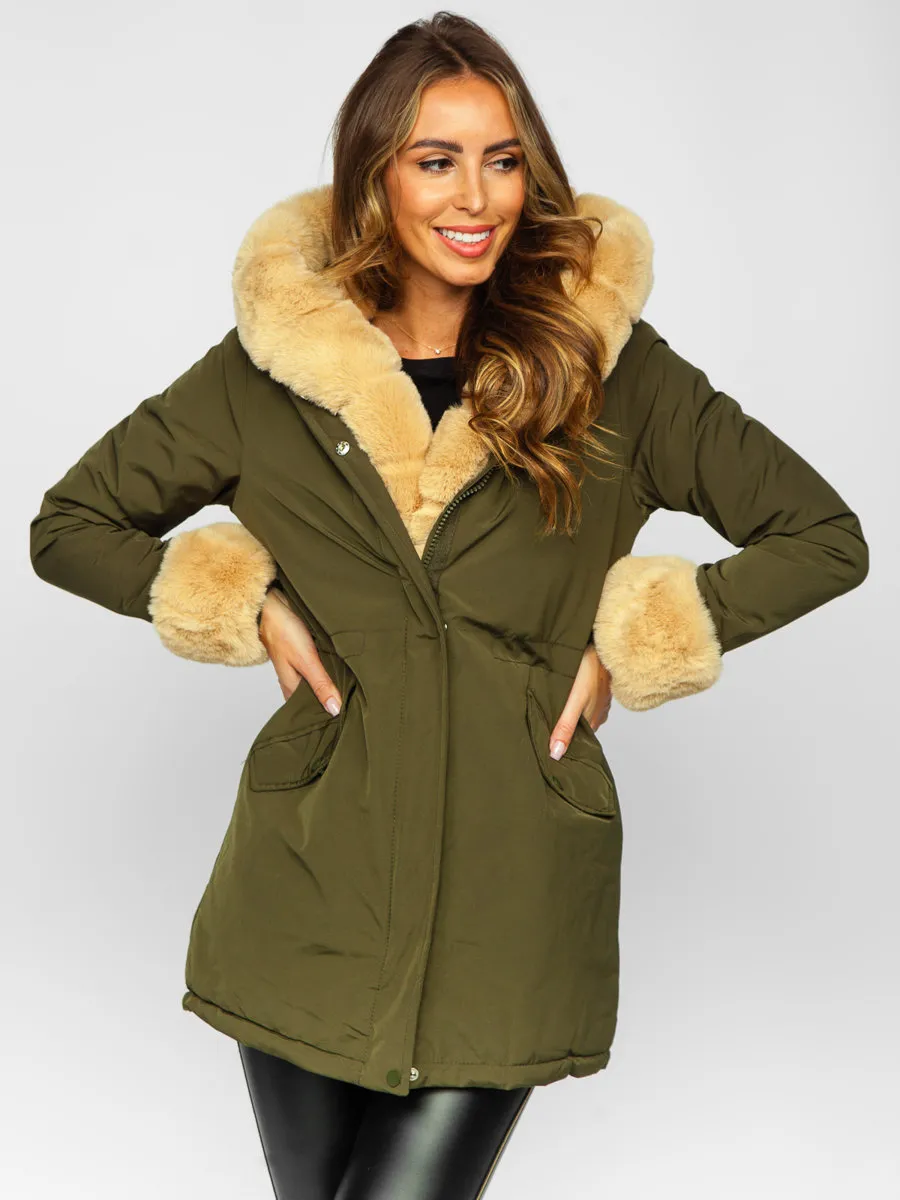 Khaki women's winter parka jacket with hood