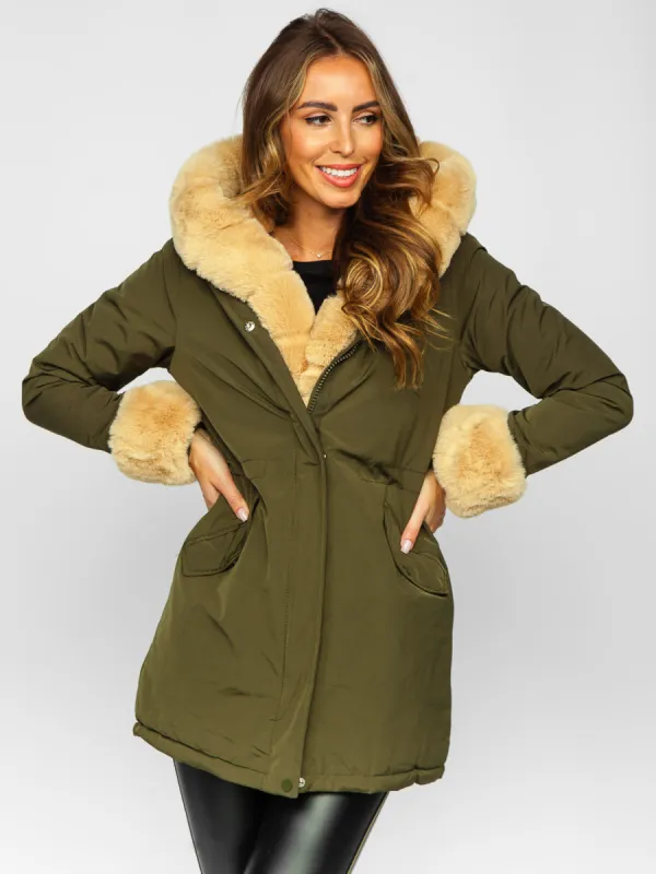 Khaki women's winter parka jacket with hood